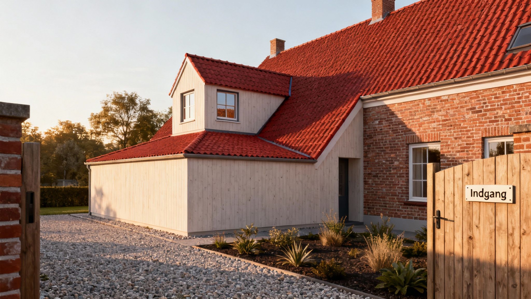 Et charmerende hus med rødt tag, murstensfacade og en lys tilbygning i træ.