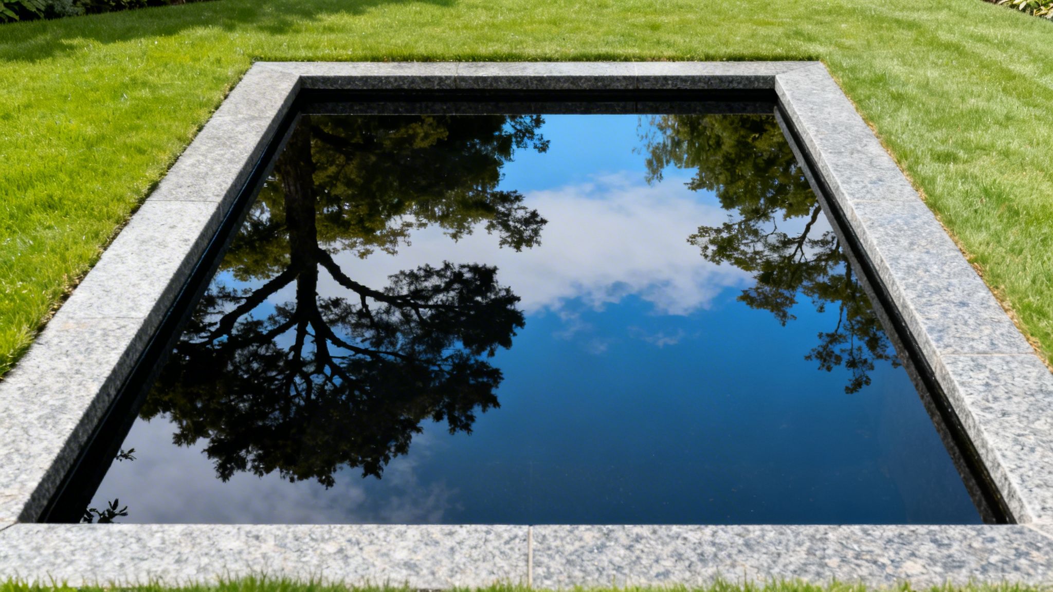 Et rektangulært vandspejl med træer og himmelrefleksion i en grøn plæne med stenkanter.