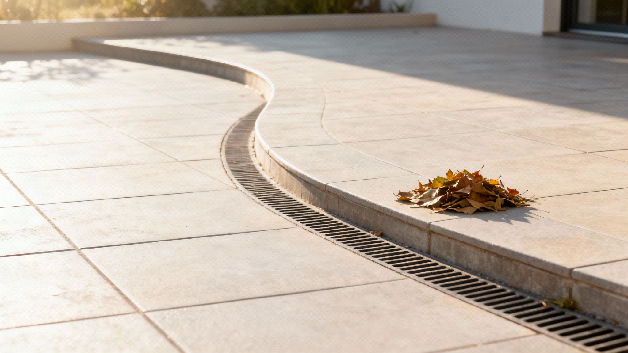 En flisebelagt terrasse med en s-formet afløbsrende og en lille bunke efterårsblade i solskin.