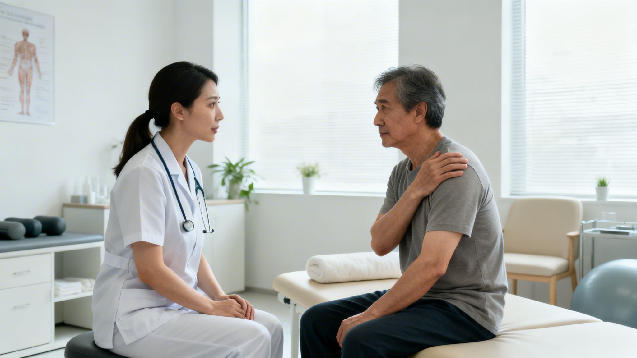 En kvindelig læge i hvid kittel taler med en ældre mandlig patient om hans skuldersmerter i en lys klinik.