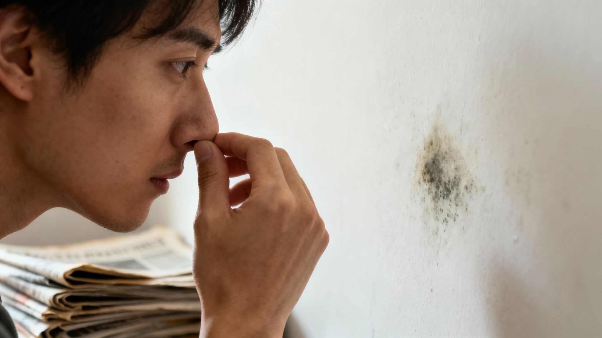 En mand kniber næsen sammen, mens han ser på en plet skimmelsvamp på en hvid væg.