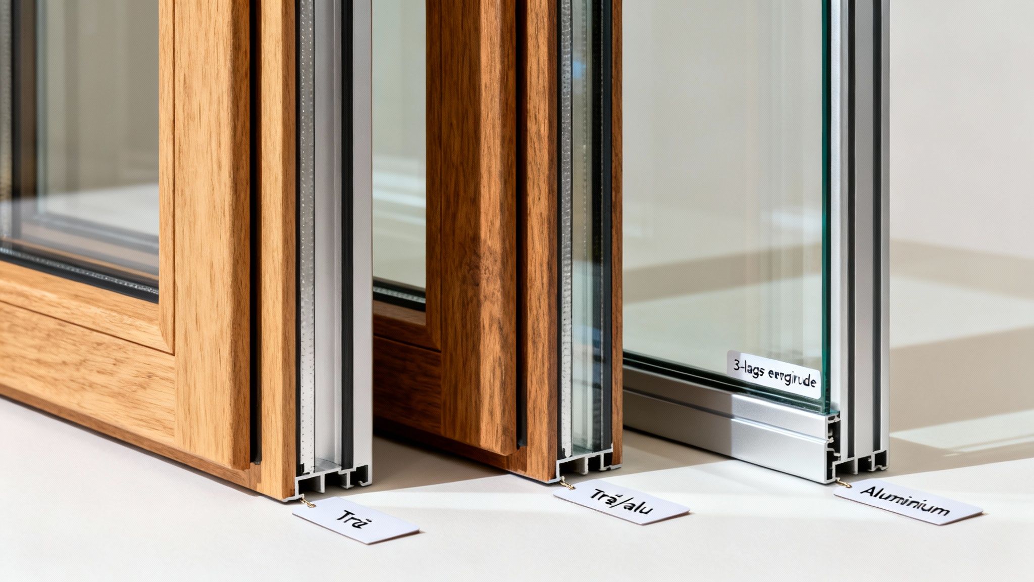 Tre forskellige vinduesrammematerialer: træ, træ/aluminium og aluminium, vist til sammenligning.