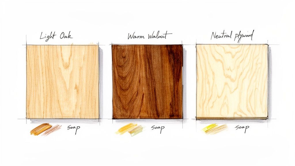 Tre træprøver: lyst eg, varm valnød og neutral krydsfiner, hver med en sæbebehandlingsprøve nedenunder.