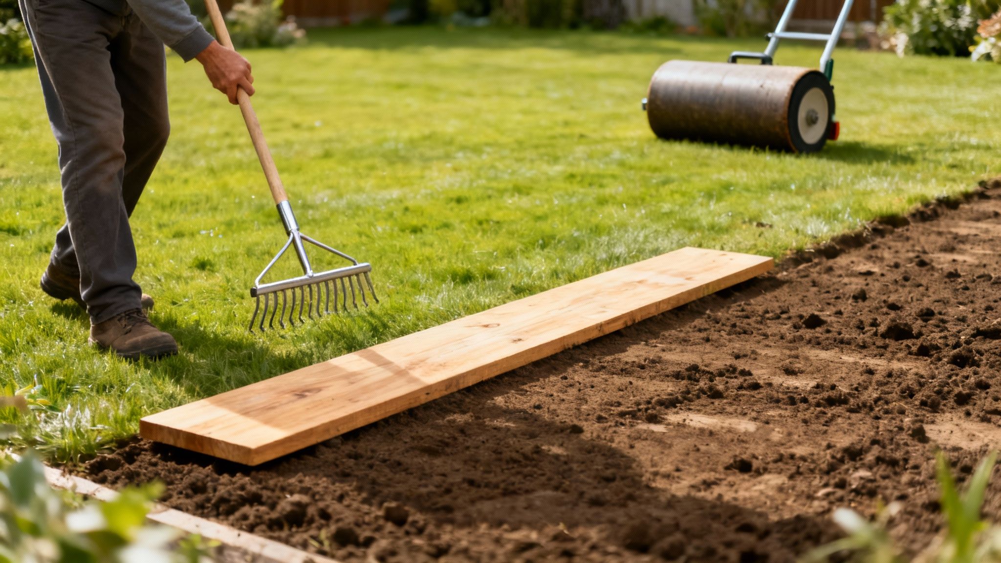 En havetromle bruges til at komprimere jorden og skabe en jævn overflade for den nye græsplæne