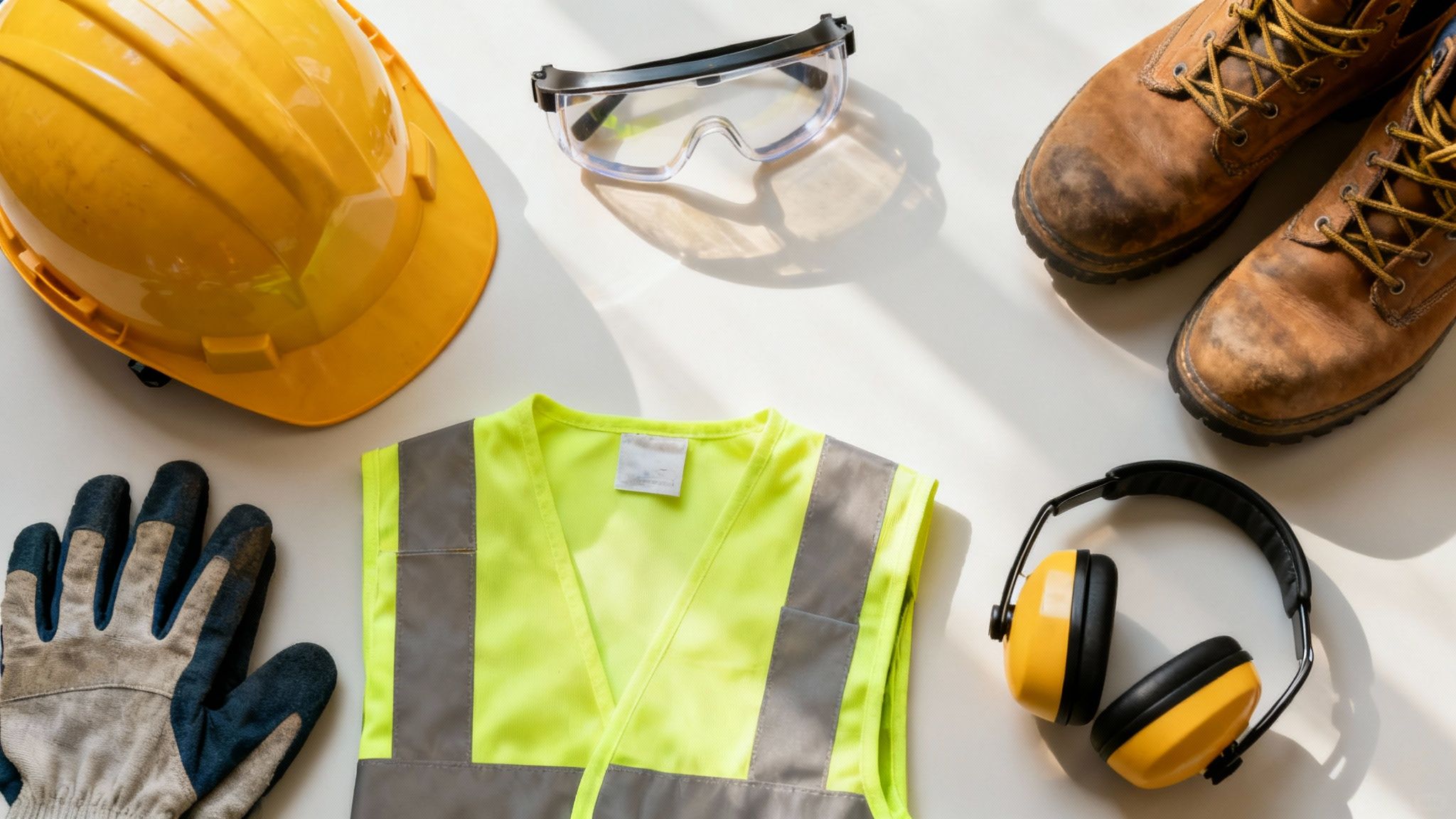 En bygningsarbejder iført fuldt sikkerhedsudstyr, inklusive hjelm, briller og sele.