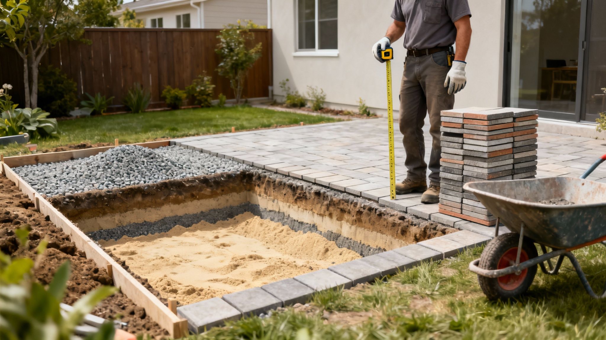 En person måler op med et målebånd ved en udgravning for fliselægning, klar med sand og grus.