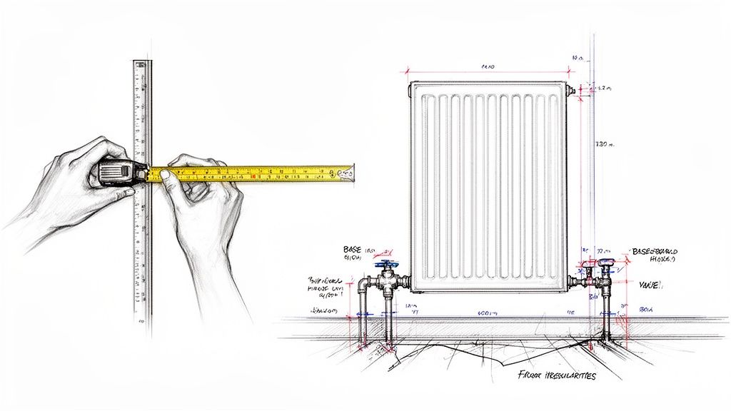 Hænder måler med målebånd og lineal; teknisk tegning af radiator med detaljerede mål.