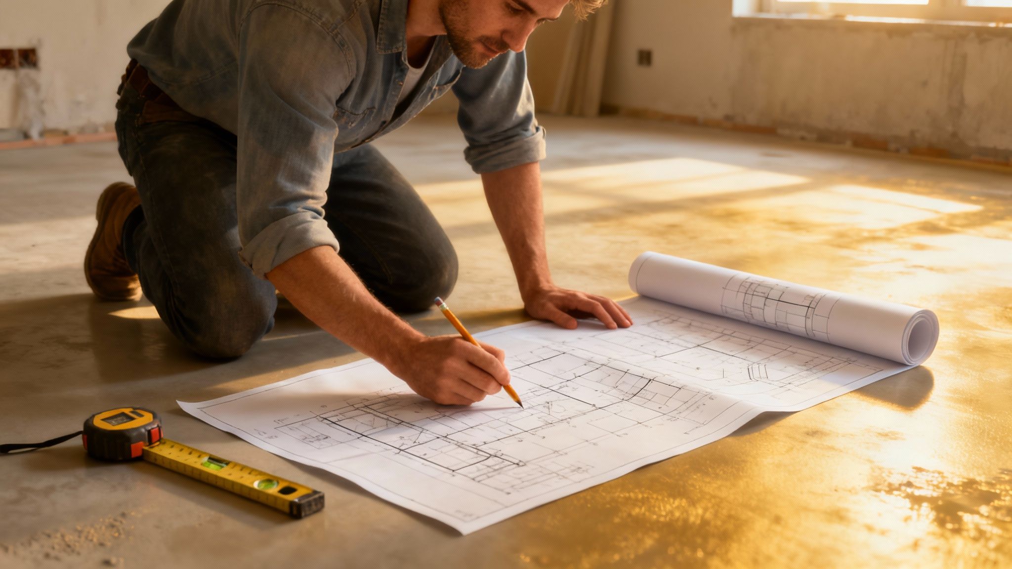 Person i gang med at installere gulvvarmerør på et gulv med isoleringsplader.