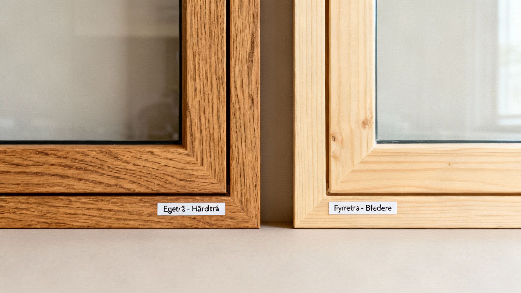 To trævinduesrammer side om side; en i egetræ (hårdttræ) og en i fyrretræ (blødttræ) med navneskilte.