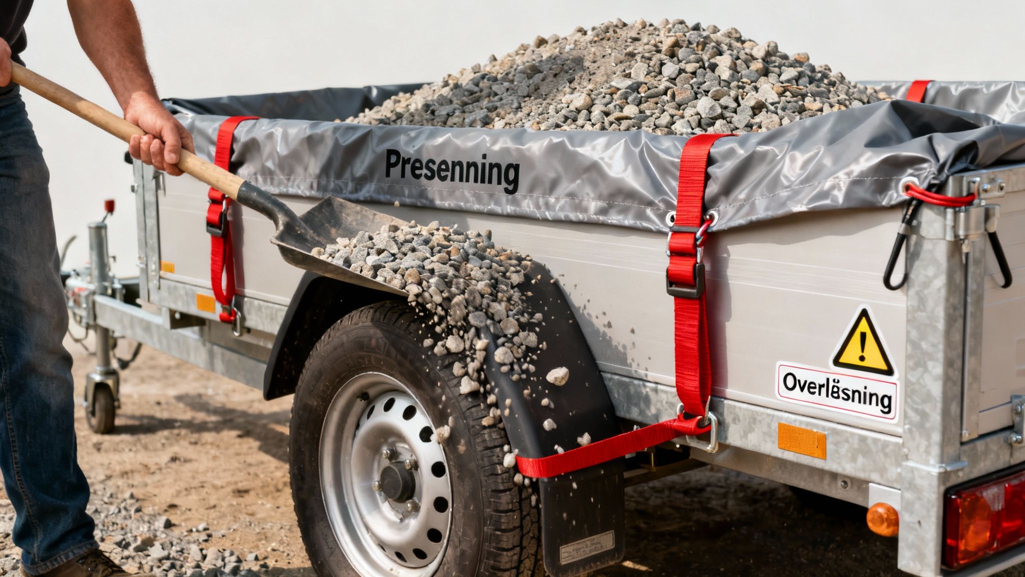 En person skovler grus ned i en trailer med en presenning. Traileren er fyldt med sten og grus.