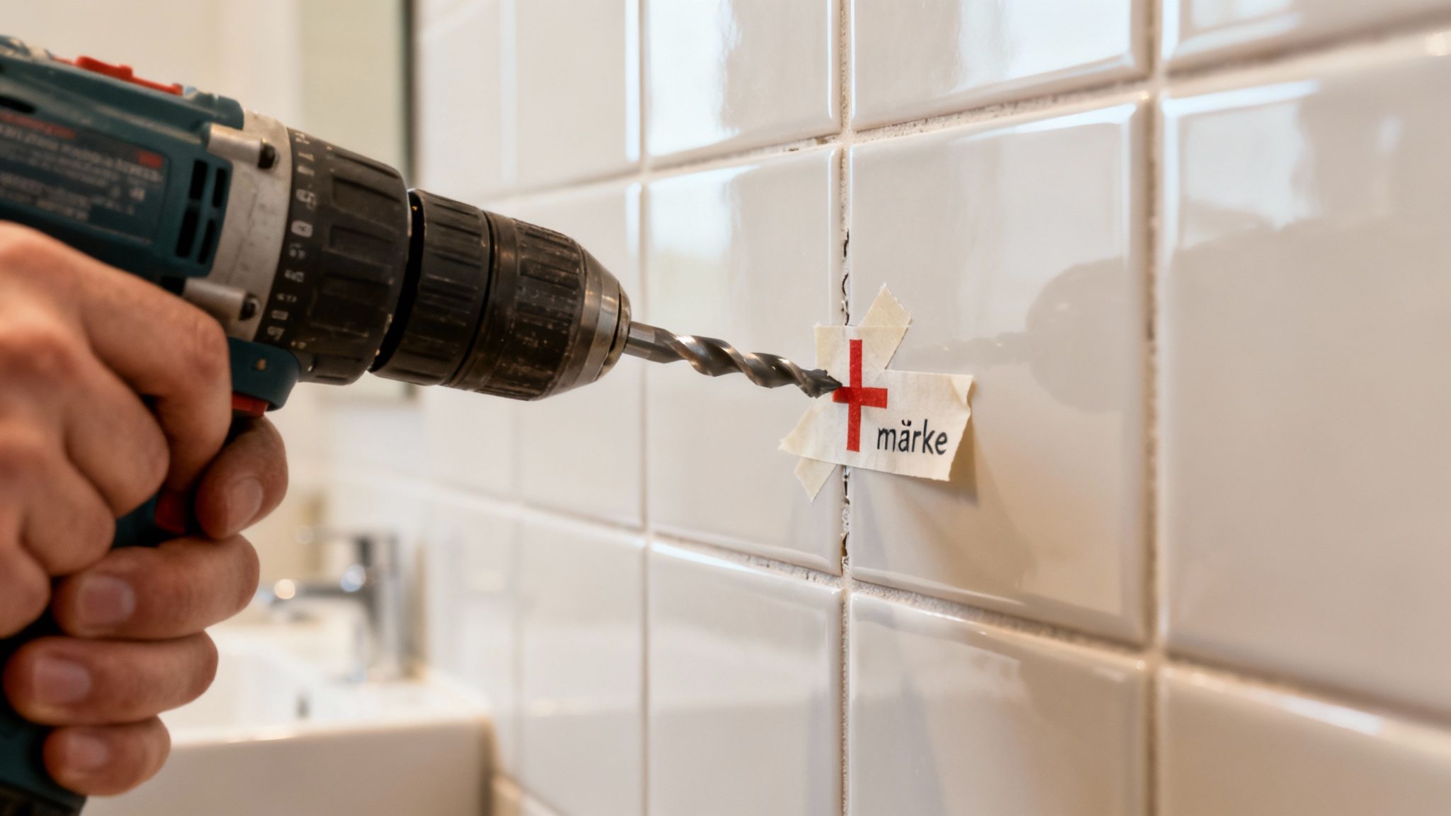 Nærbillede af en person, der borer et hul i hvide badeværelsesfliser ved et mærke.