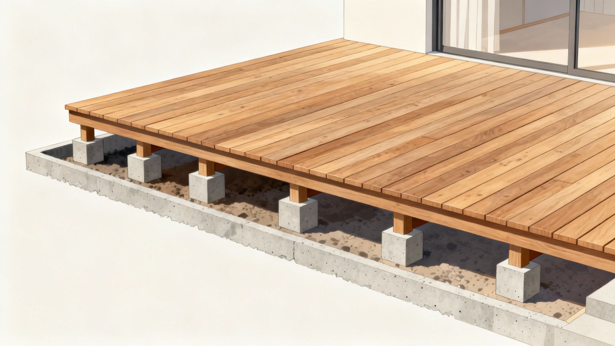 En terrasse under opførelse viser fundamentet og den underliggende struktur.