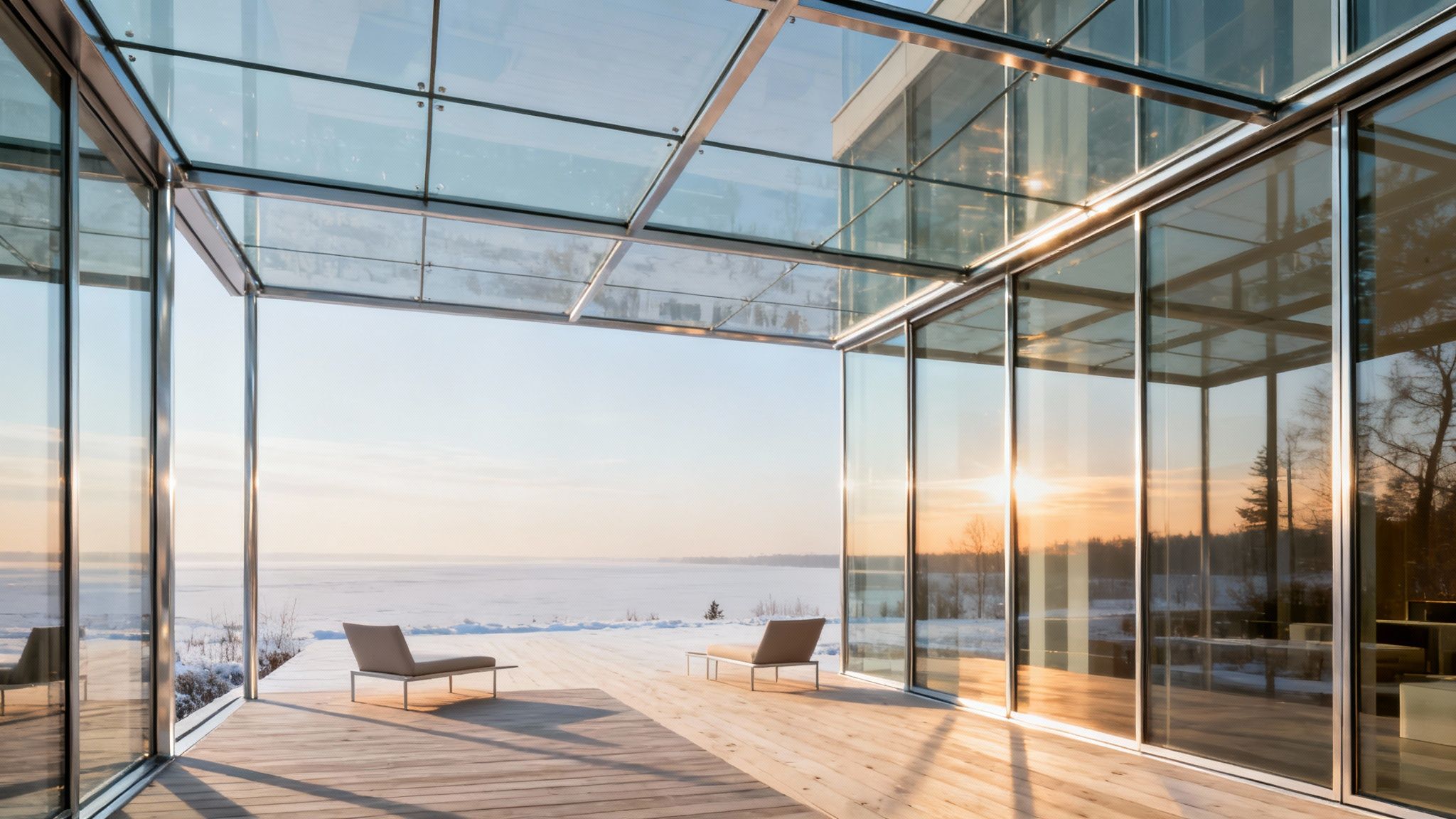 Moderne overdækket terrasse med glasvægge og trægulv, stole og udsigt over sneklædt landskab og frossen sø ved solnedgang.