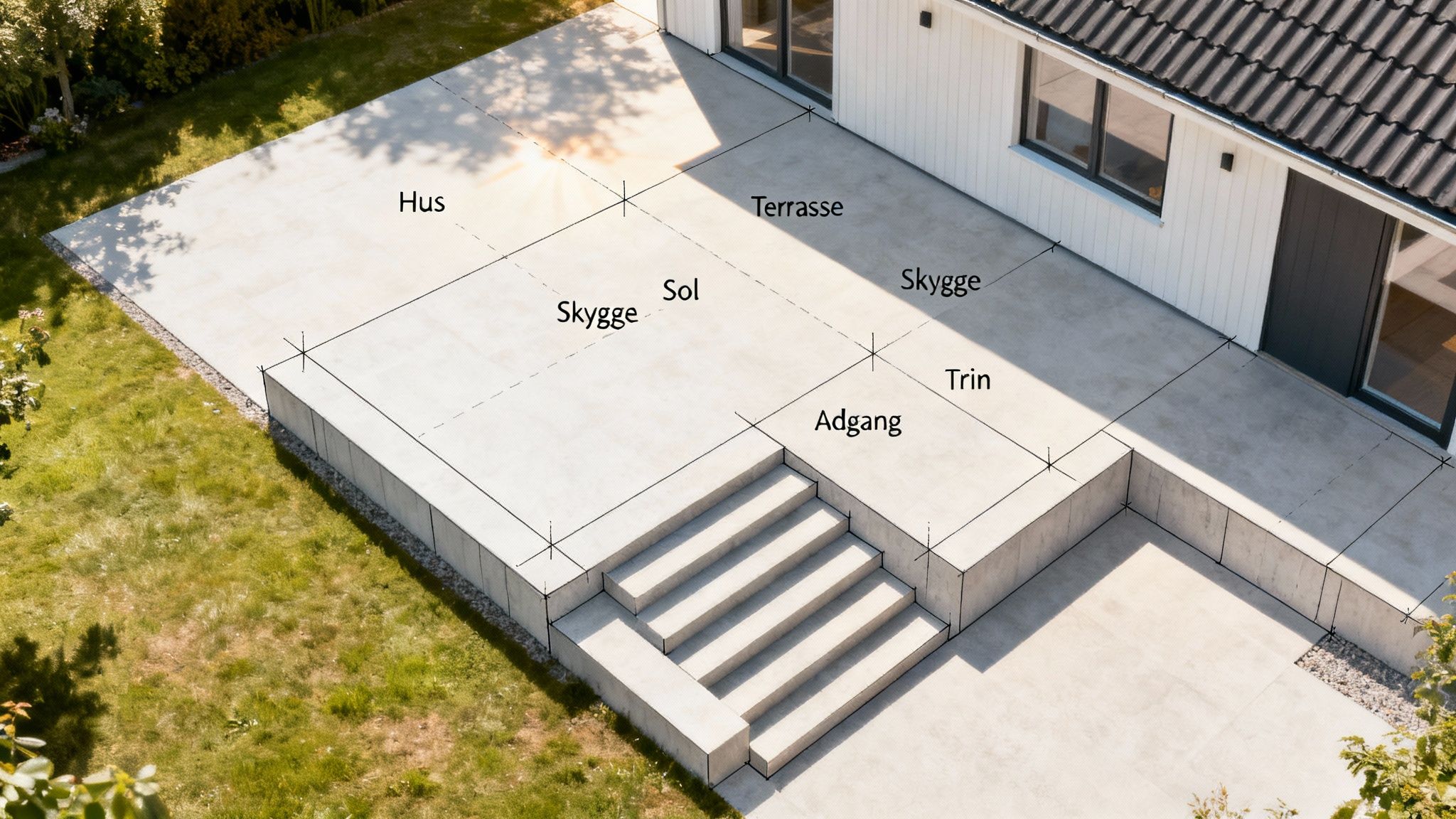 Oversigtsbillede af moderne hus med stor betontrappe og terrasse inddelt i sol- og skyggeområder.