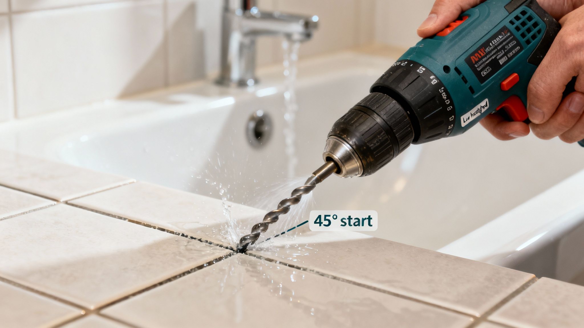 En person borer i keramiske fliser med en boremaskine, hvor vand køler boret under en 45-graders start.