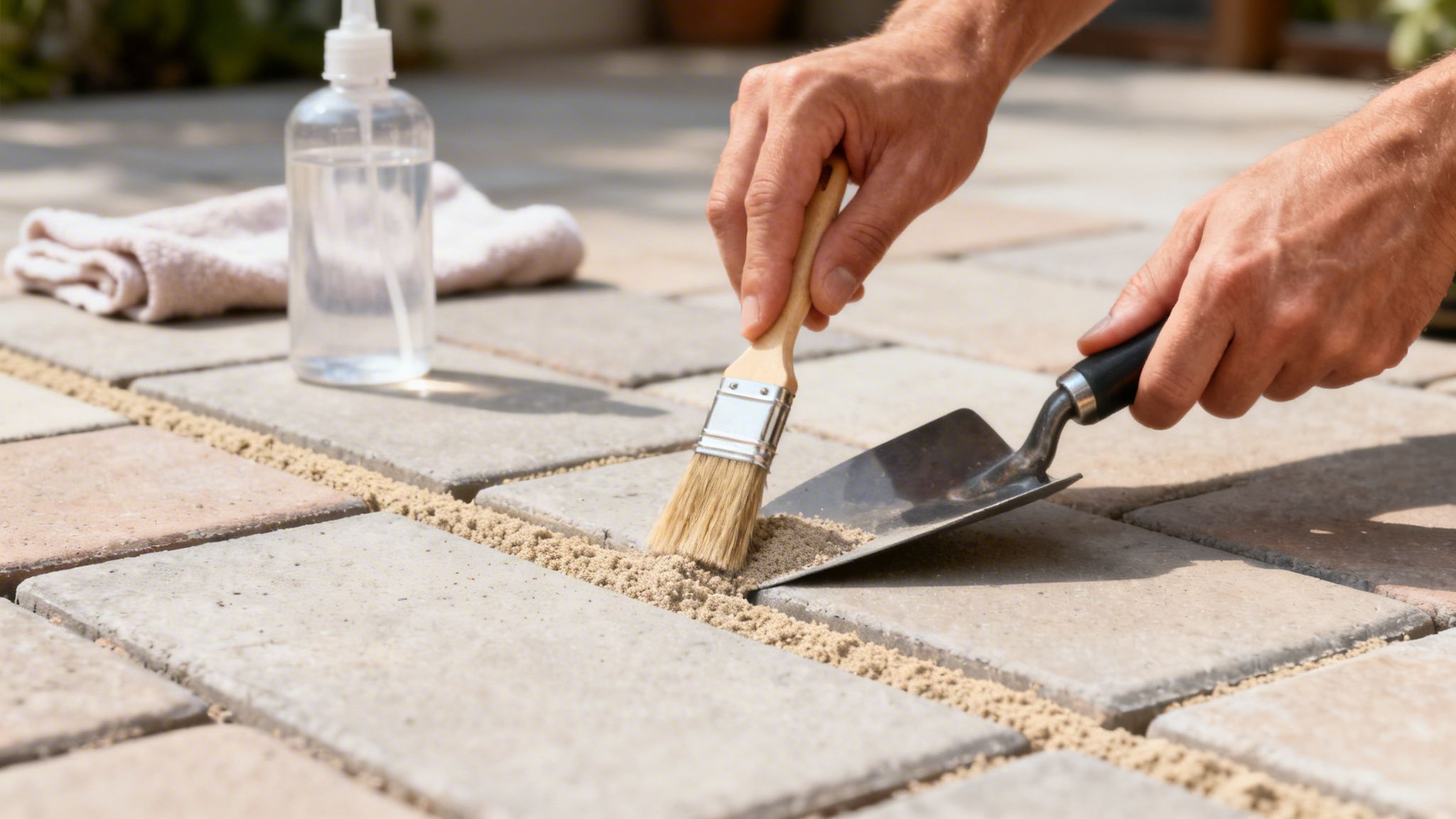 Nærbillede af hænder, der fejer sand ned i fugerne på udendørs fliser med en børste og murske.