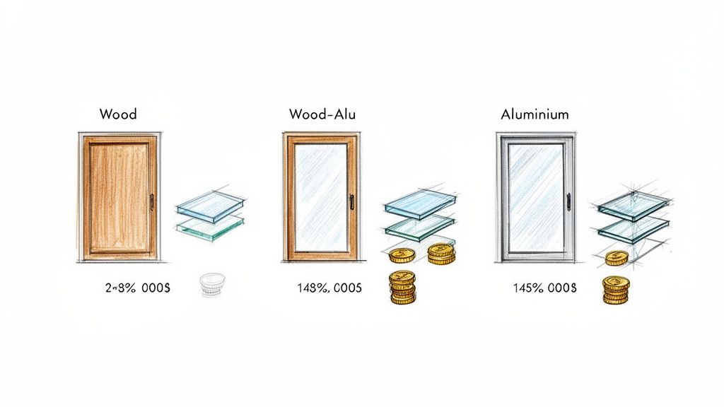Tre typer vindues-/dørmaterialer (træ, træ-alu, aluminium) med prisindikationer og glasruder.