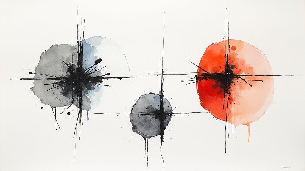 Abstrakt akvarelmaleri med tre cirkulære former i grå, blå og rød, med sorte stænk og linjer.
