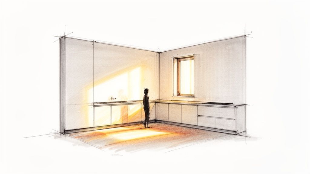 Skitseret L-formet køkken med en person, der kigger mod et vindue med sollys.