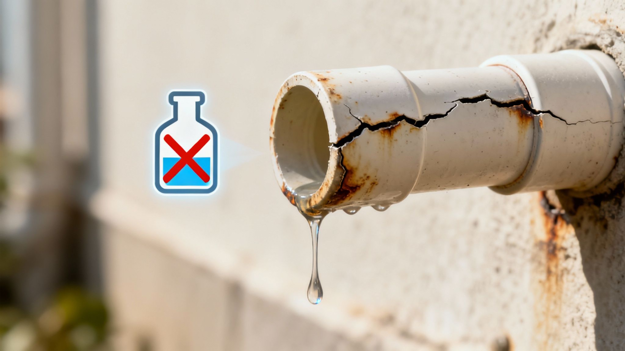 En advarselstrekant der illustrerer faren ved skrappe kemikalier i afløb.