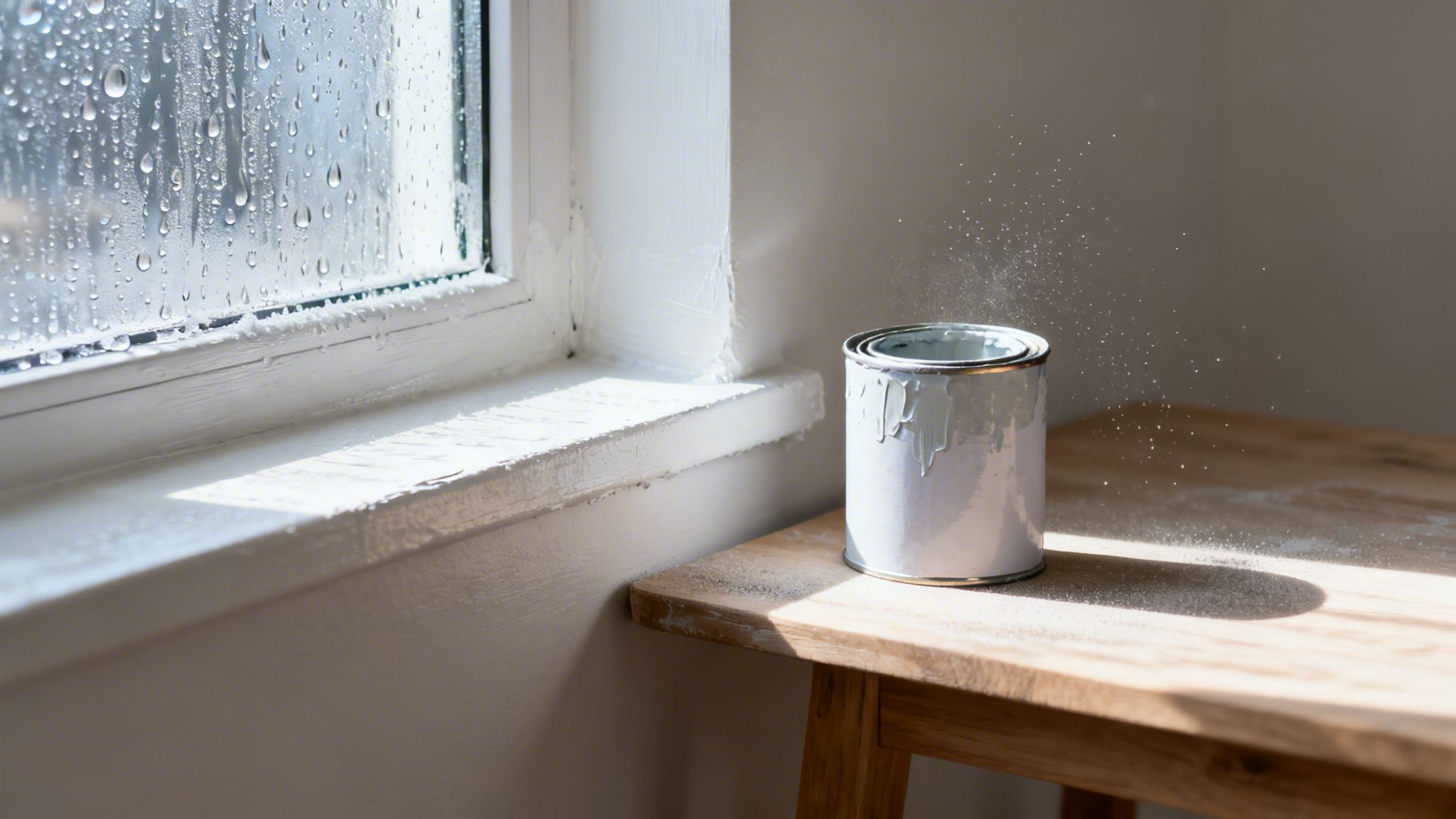 En malingsdåse står på et træbord ved et vindue med regndråber og sollys.