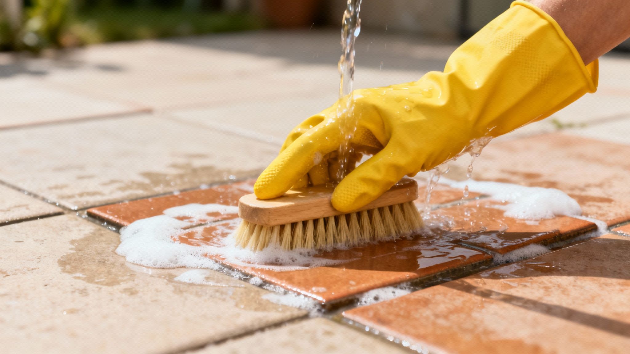 En person i gule handsker skrubber udendørs fliser med en børste, vand og sæbe.