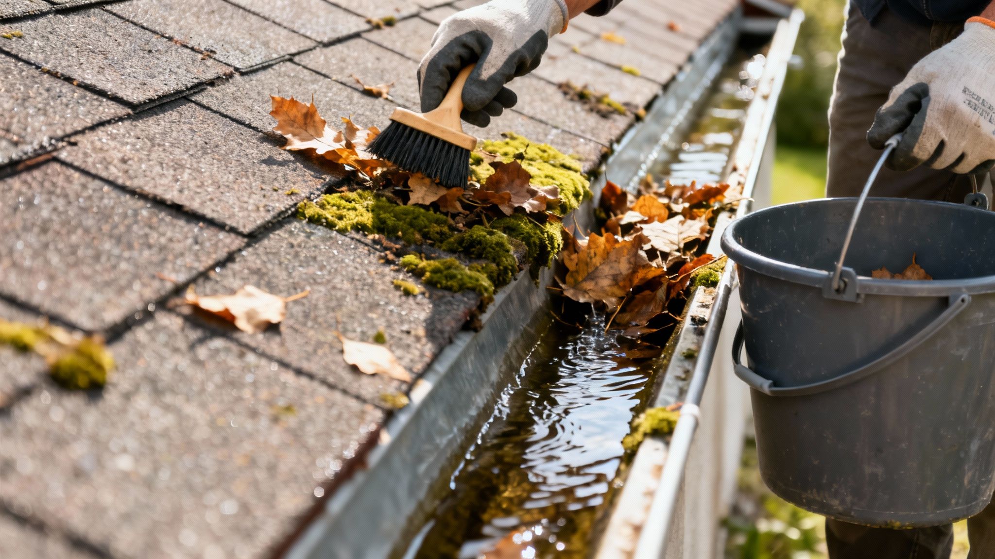 En person med handsker renser en tagrende fuld af blade og mos med en børste og en spand.