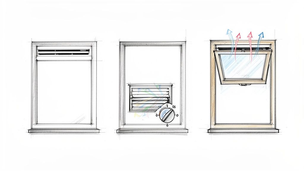 Illustration af tre vinduesløsninger med forskellige ventilationsmuligheder. Viser topventilation, bundventilation med justering og et åbent vindue.