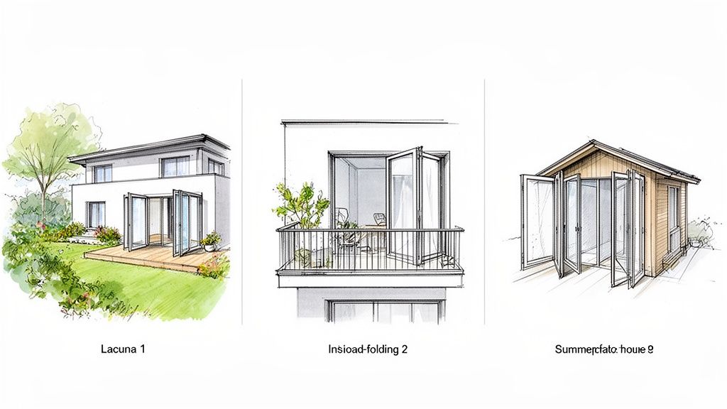 Tre arkitektoniske tegninger viser forskellige bygninger med foldedøre, herunder et hus, en altan og et sommerhus.