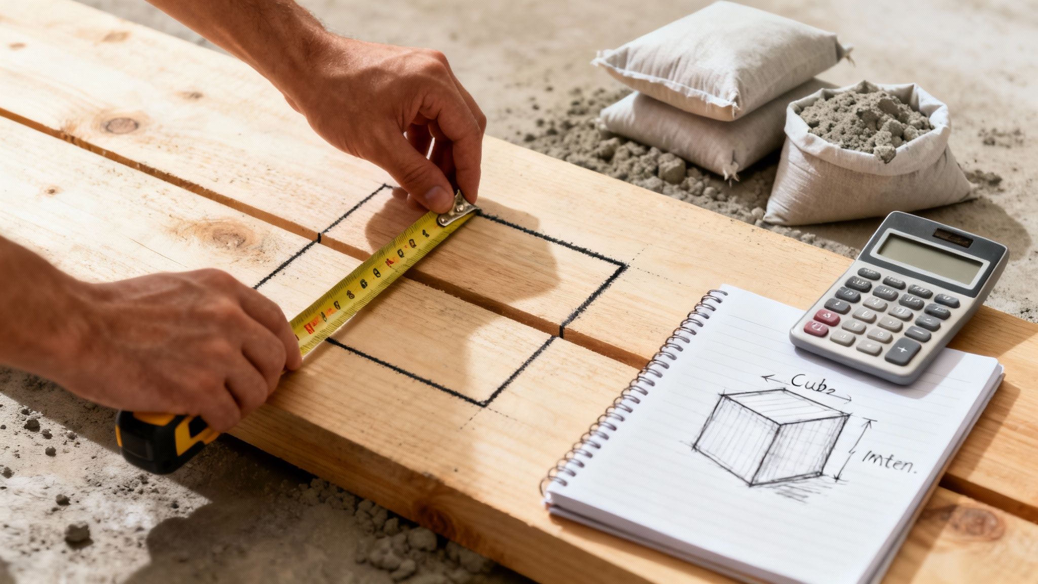 En person måler en tegnet firkant på træplanker med et målebånd, med en notesbog og lommeregner i nærheden. Cementposer ses i baggrunden.