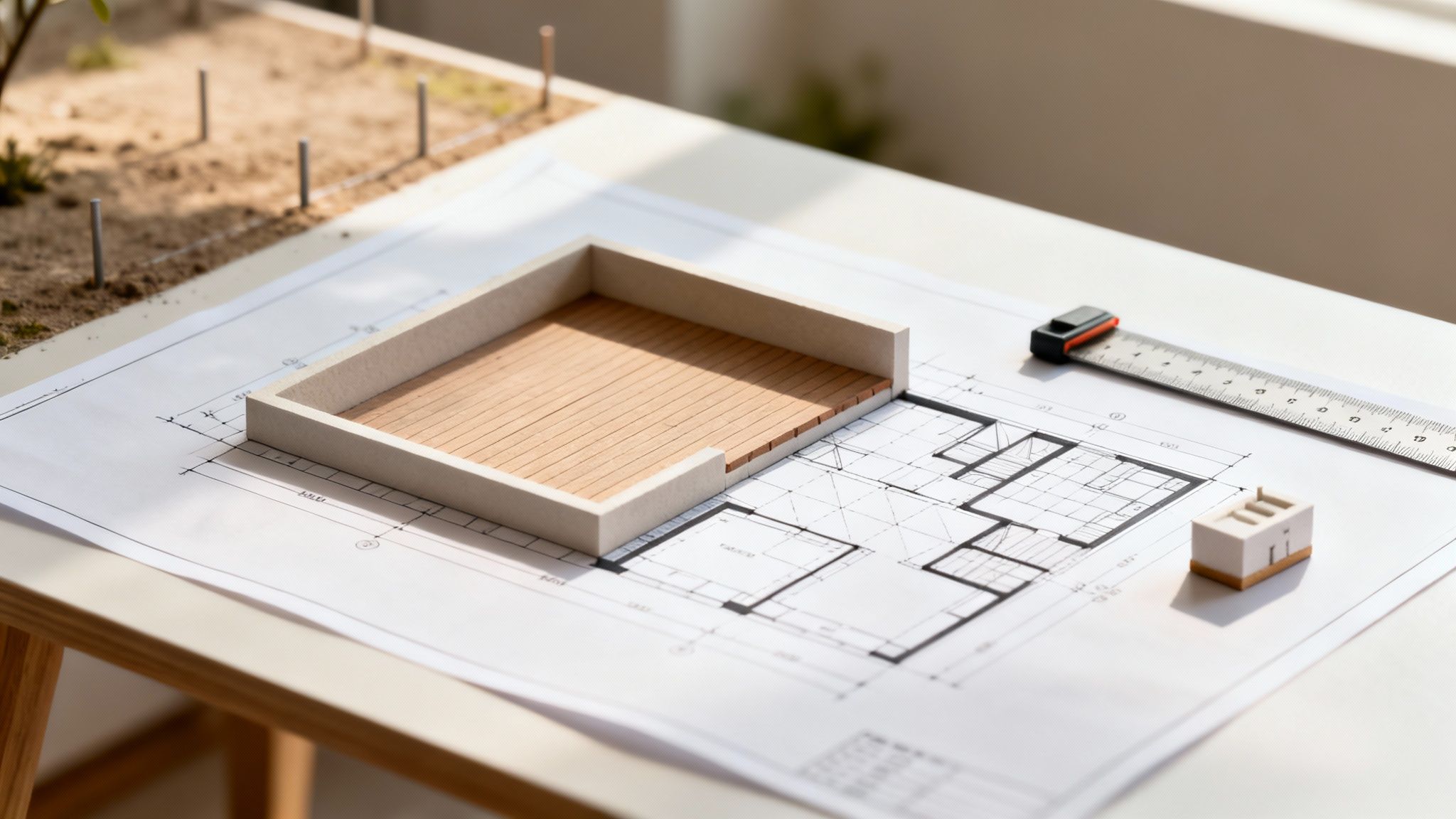 Arkitekttegninger, en model af en hævet terrasse og en bygningsmodel på et bord, der viser konstruktionsplanlægning.