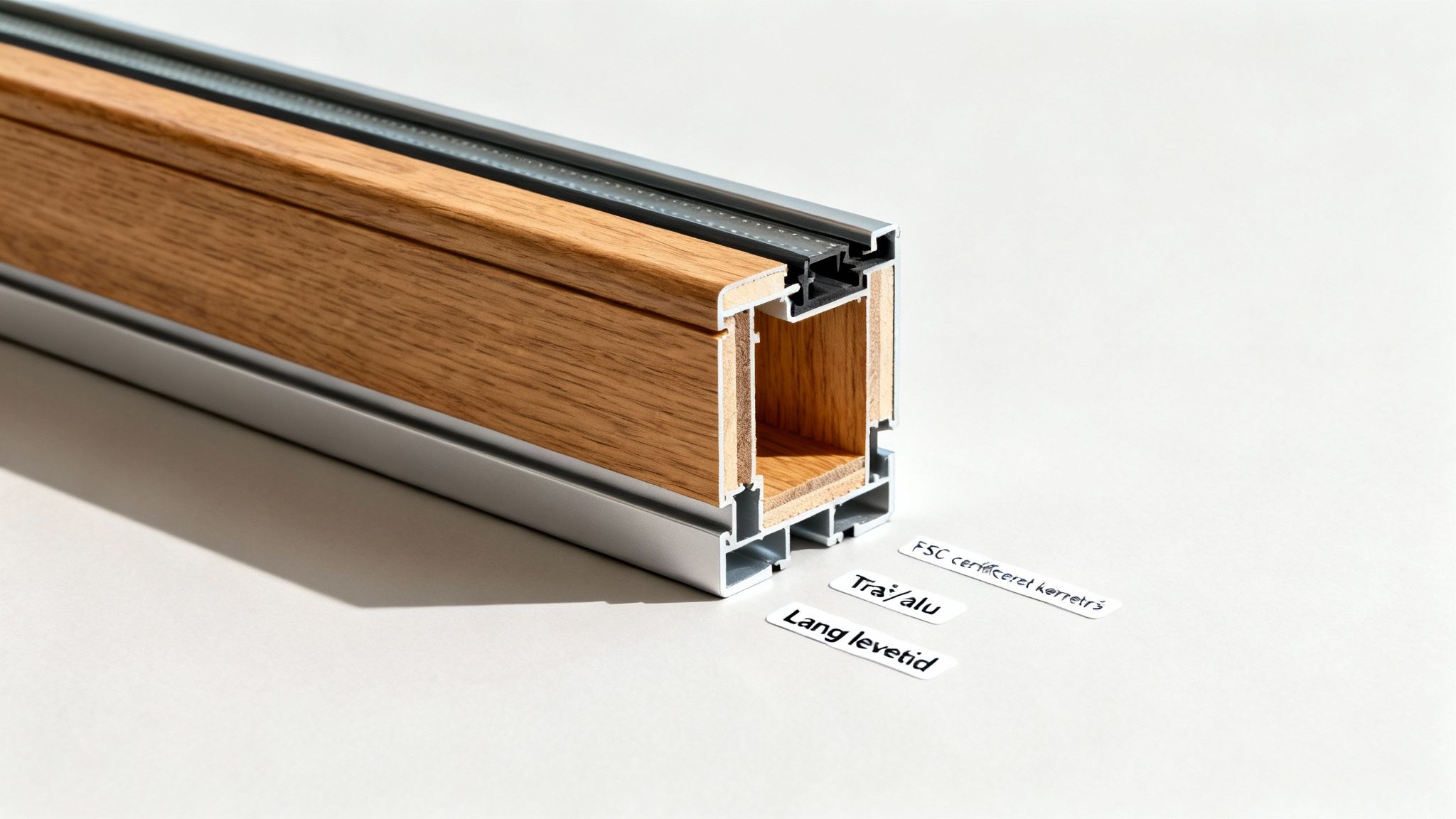 Tværsnit af Krone Energy vinduesramme i træ/alu, der viser konstruktion med FSC-certificeret kernetræ.