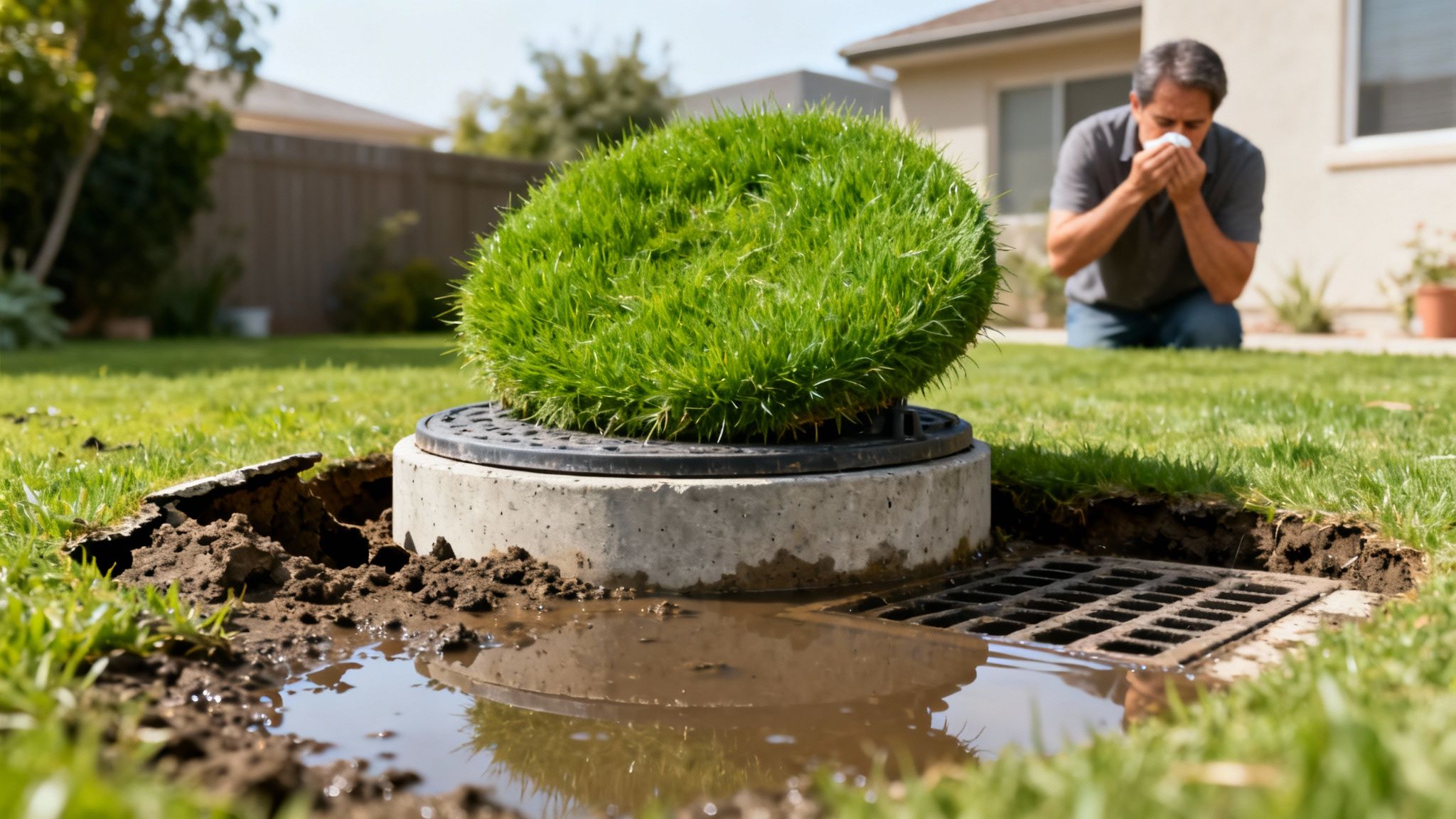 En mand med allergi nyser i en have, hvor en septiktank og et afløb med vand er synlige.