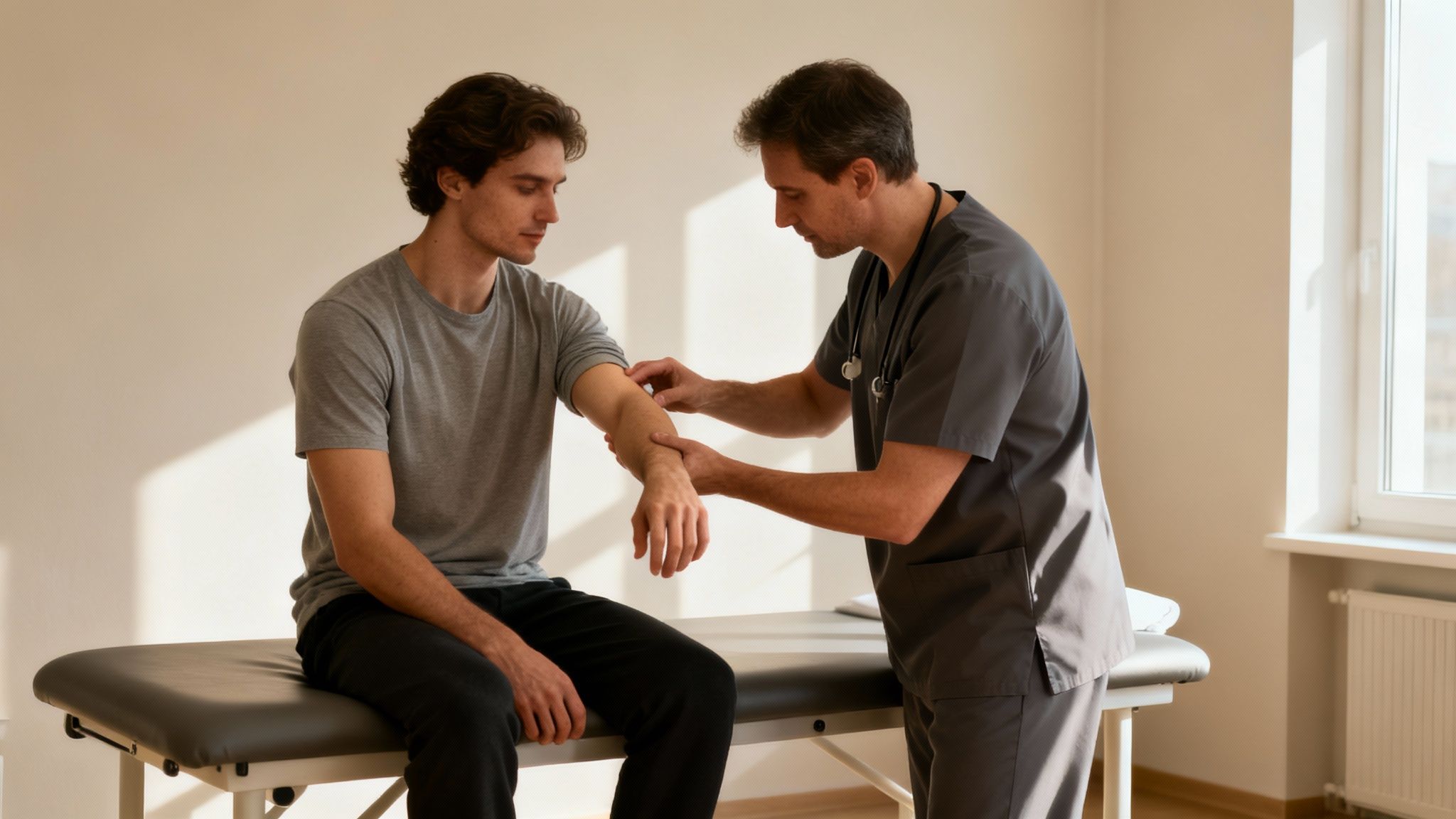 En mandlig læge i grå scrubs undersøger en ung mands arm på en undersøgelsesbriks.