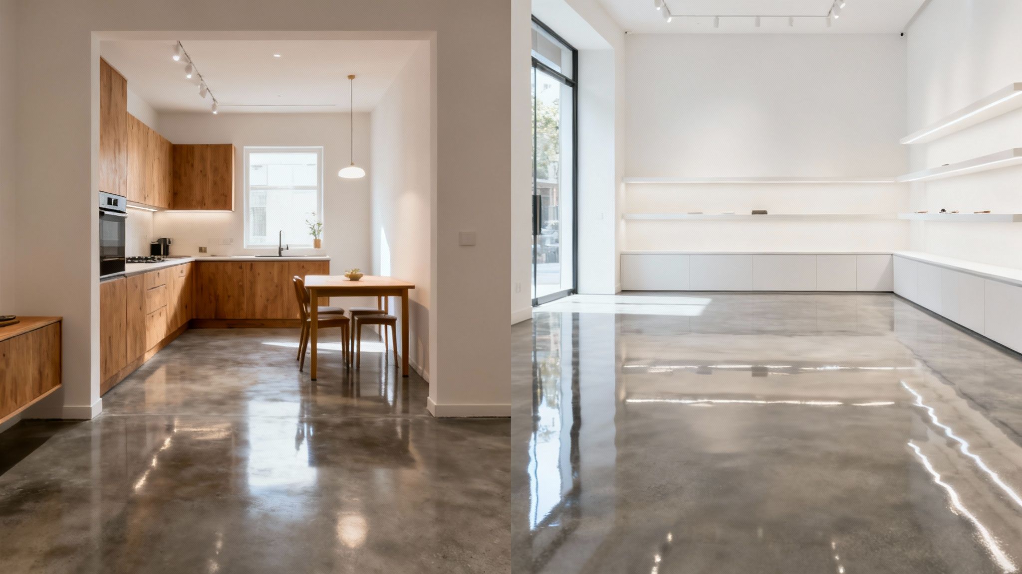 Moderne hjem med poleret betongulv i åbent køkken og stue med naturligt lys