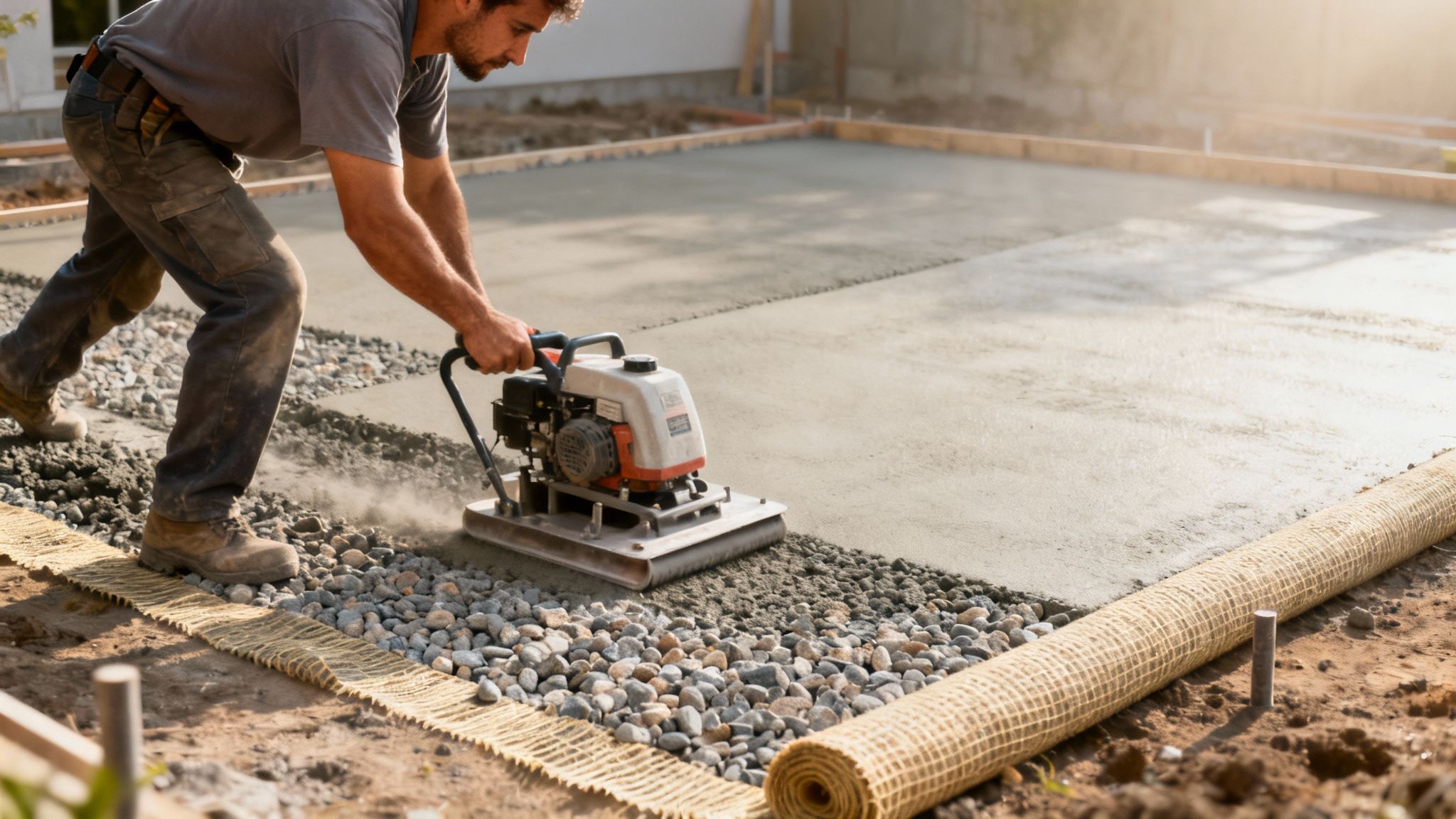 Mand bruger en pladevibrator til at komprimere stabilgrus ved siden af et nystøbt betonfundament på en byggeplads.