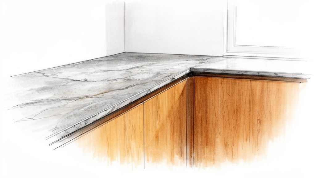 Detaljeret skitse af et køkken med en lys marmorbordplade og træskabe under et vindue.