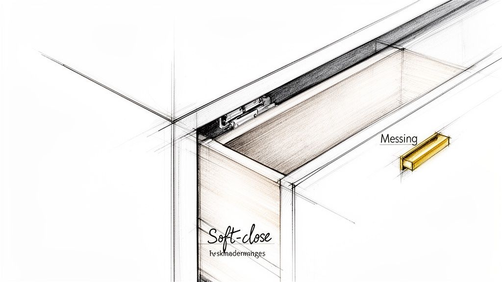 Teknisk skitse af skuffe med soft-close mekanisme og messinggreb, der viser indre funktioner.