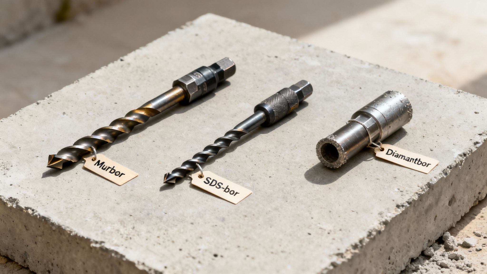 Tre forskellige bor til beton, herunder et murbor, SDS-bor og diamantbor, ligger på en betonoverflade.