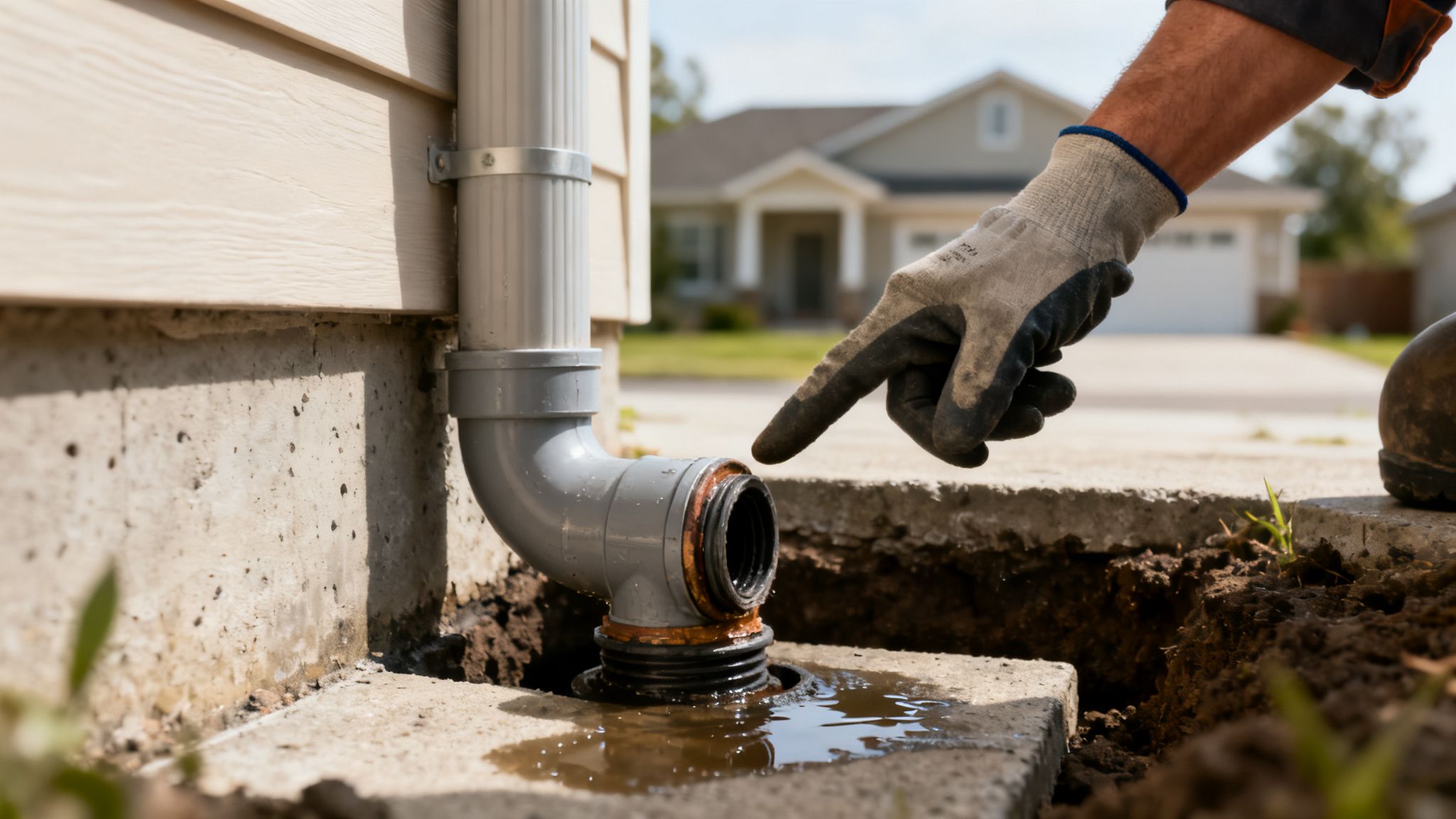 En person peger på en nedløbsrørstilslutning til kloakken, hvor vand samler sig, muligvis under reparation.