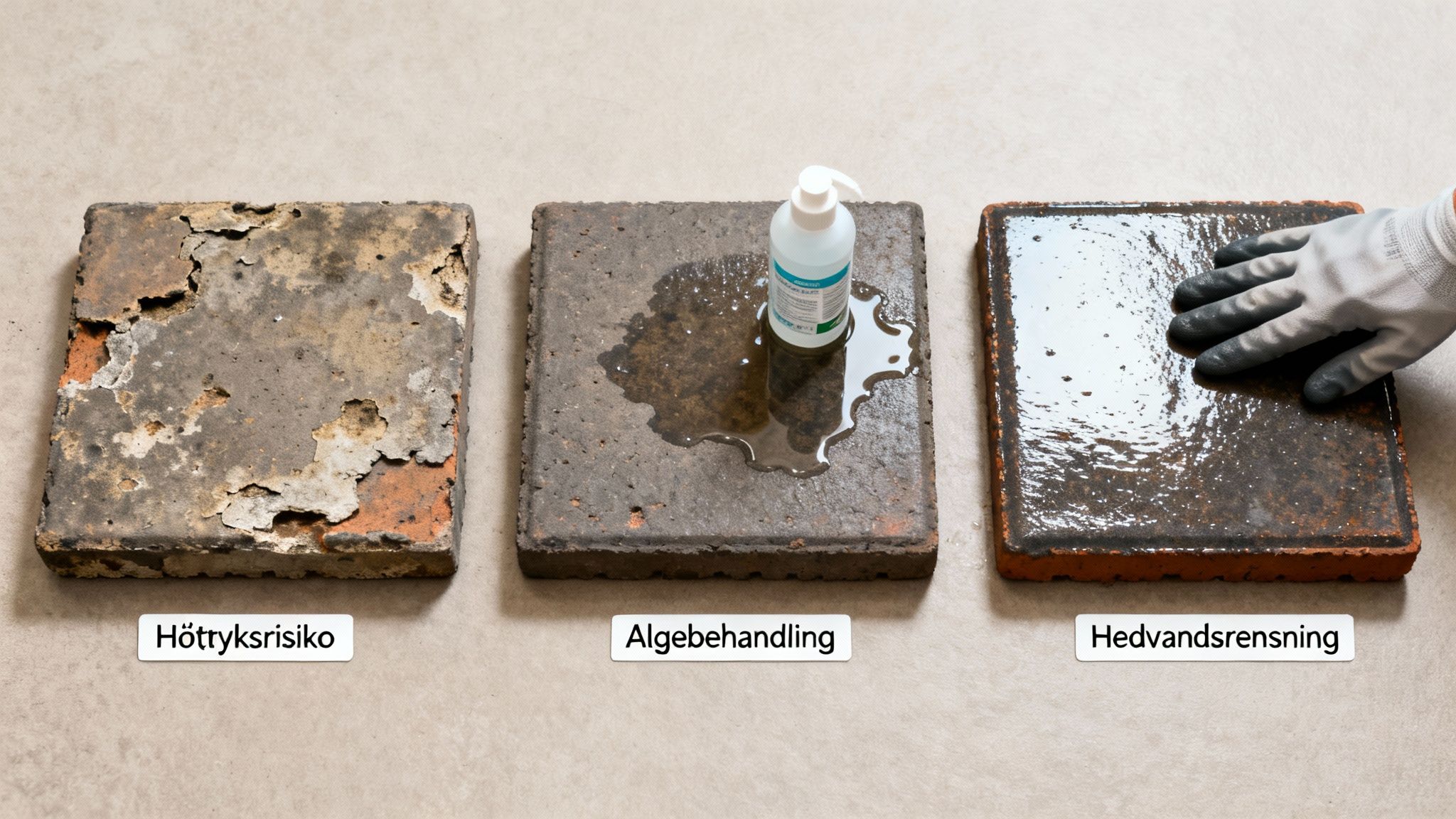 Tre fliser viser effekten af forskellige rengøringsmetoder: højtryksrisiko, algebehandling og hedevandsrensning.