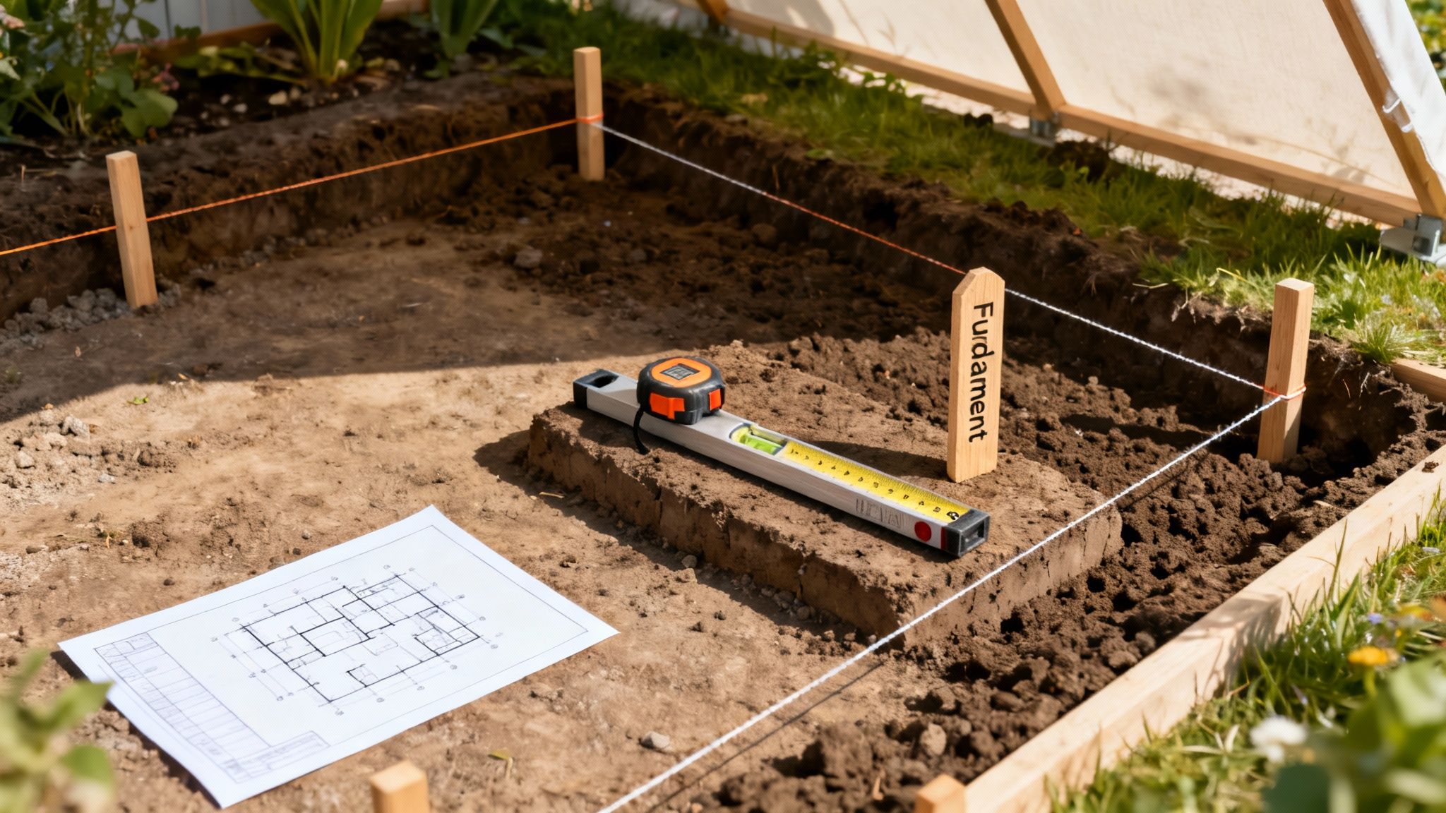 Et byggeprojekt i haven med udgravede render, måleværktøjer og en bygningstegning klar til at bygge et fundament.