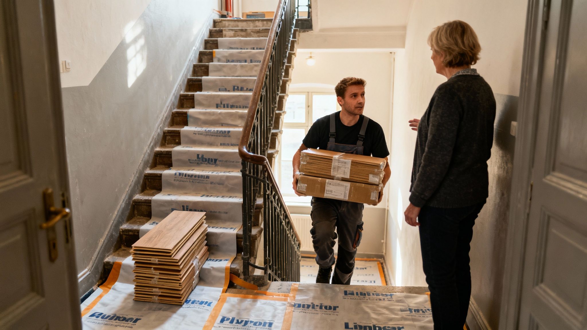 Mand bærer gulvpakker op ad en trappe, der er dækket af beskyttelse, mens en kvinde taler til ham.