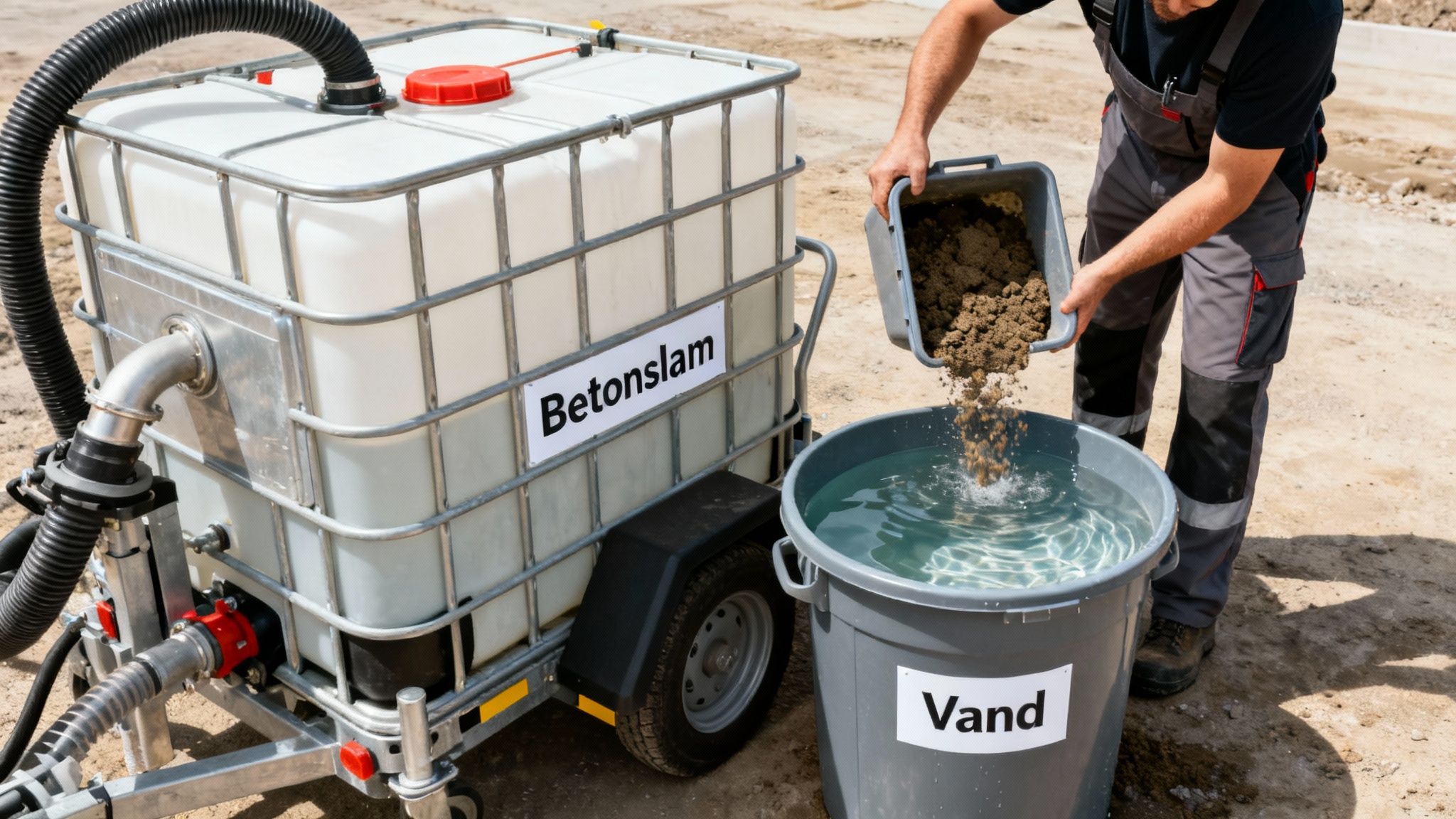En mand hælder betonslam i en spand vand ved siden af en stor beholder, muligvis til genbrug af byggematerialer.