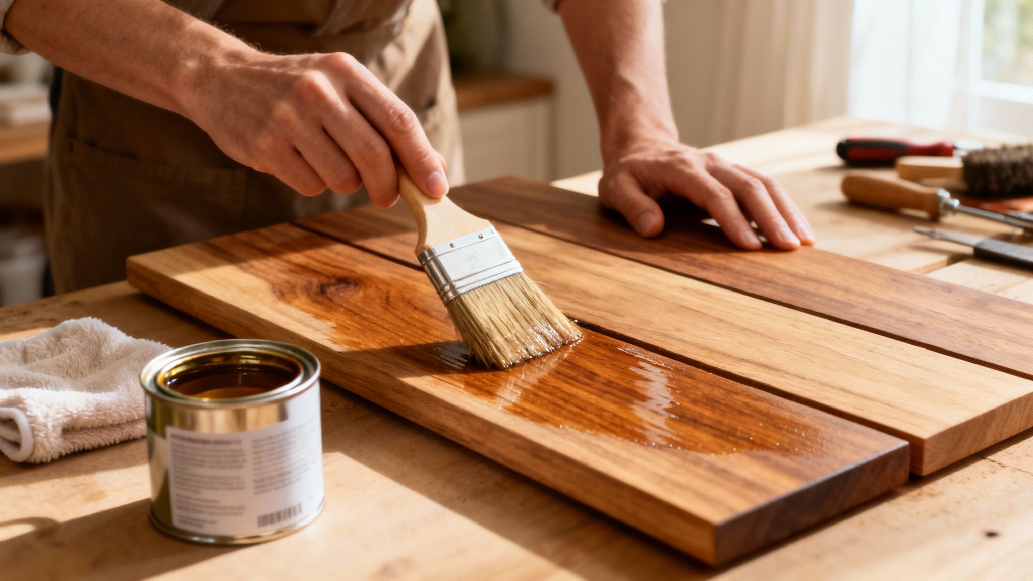 En person påfører træolie på træplanker med en pensel, med en dåse olie og en klud i nærheden.