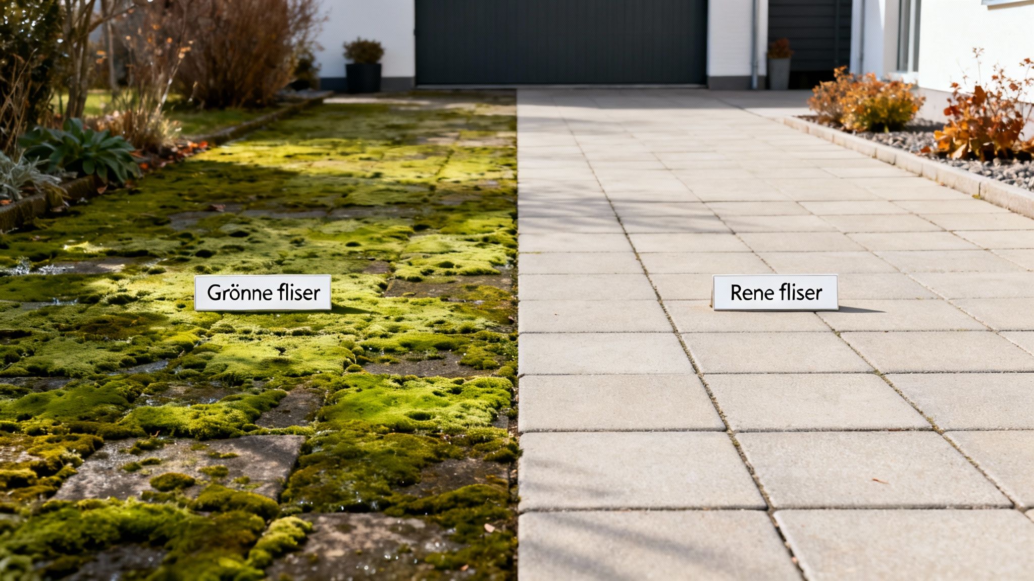 Et før-og-efter billede af en flisebelagt indkørsel, hvor den ene side er dækket af grønt mos, og den anden er ren.