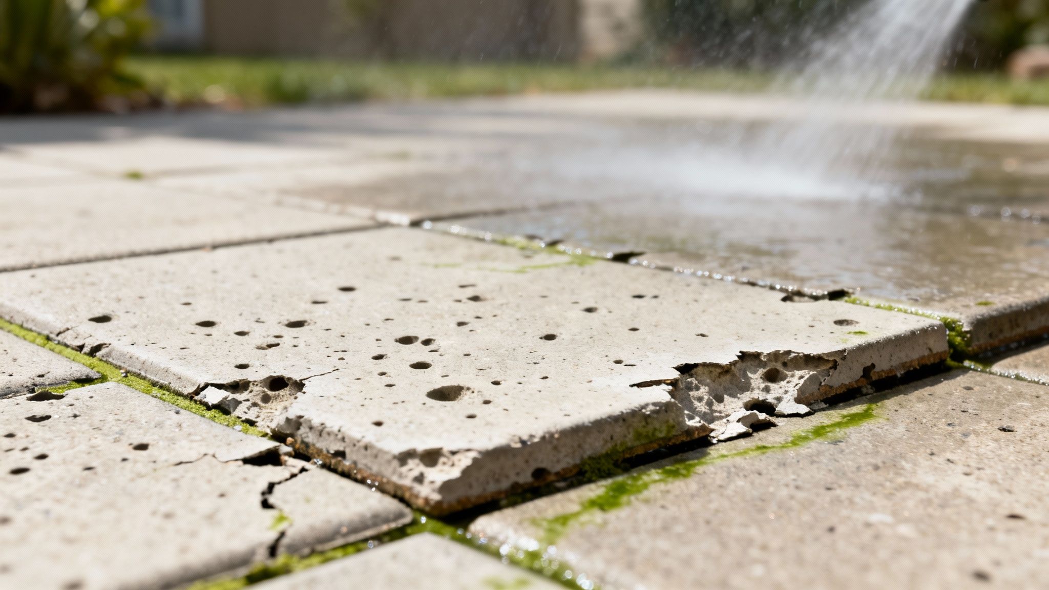 En højtryksrenser fjerner grønt mos og snavs fra gamle, beskadigede fliser på terrassen.