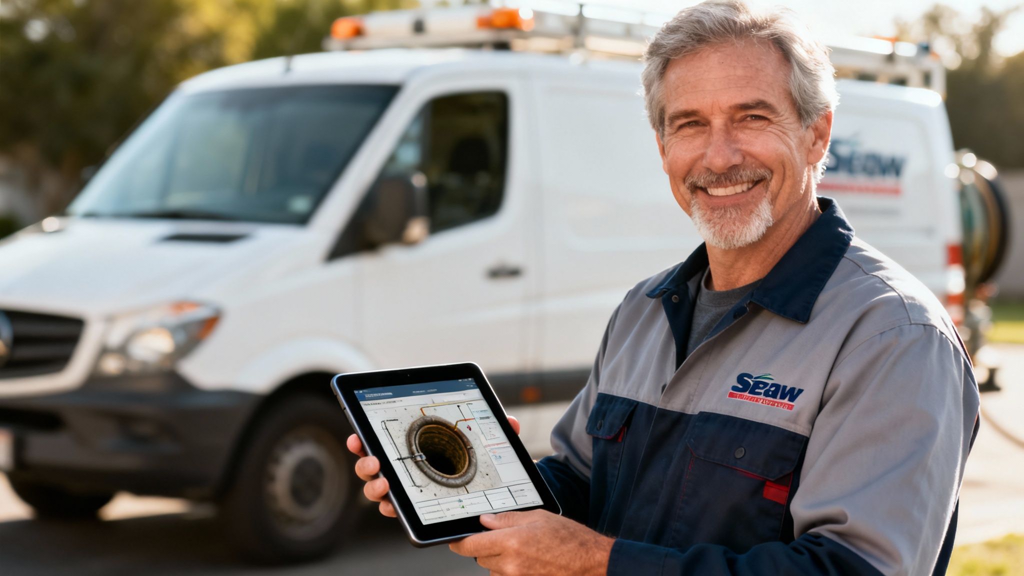 En professionel kloakmester fra CK Kloakservice arbejder ved siden af sin servicevogn.