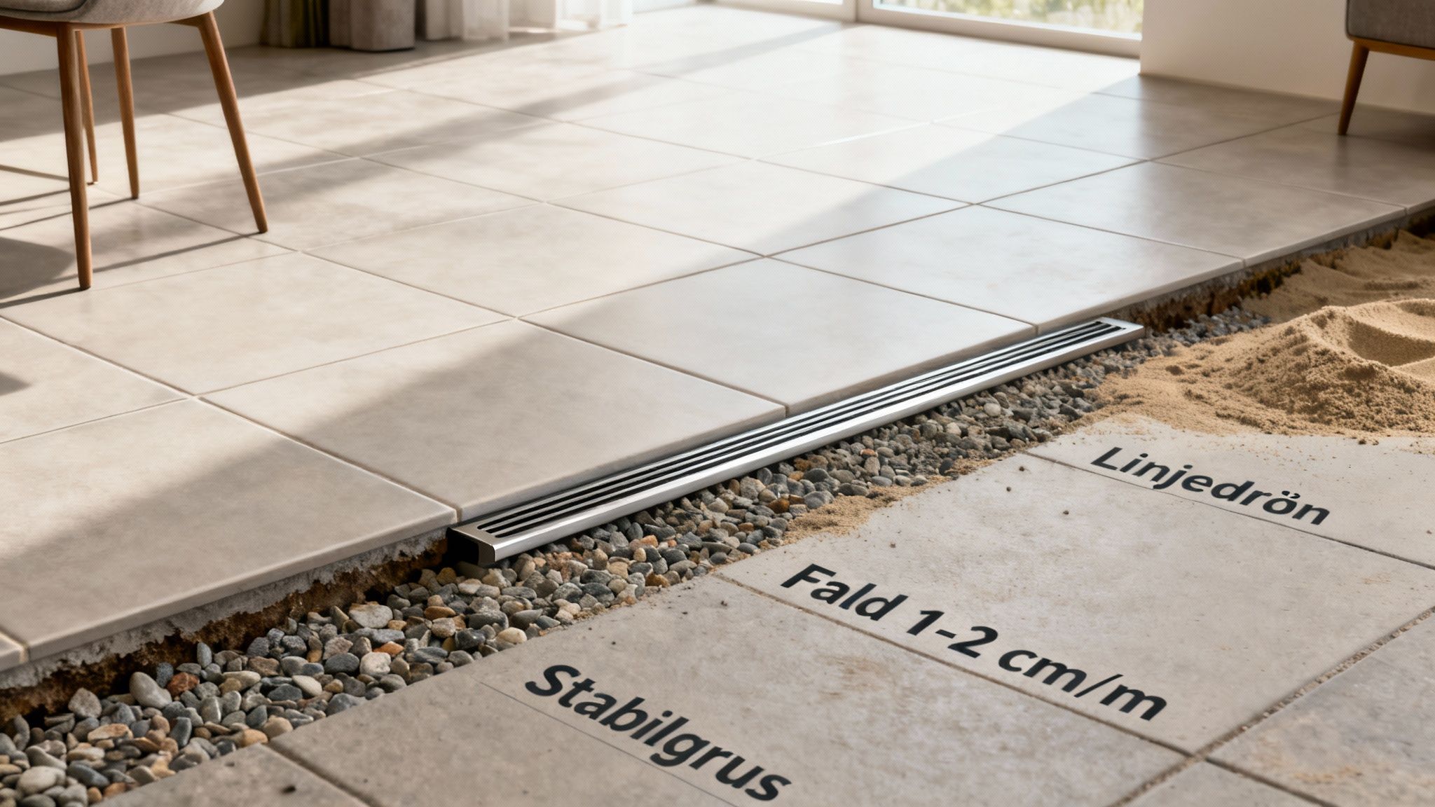 Detaljeret tværsnit af udendørs keramiske fliser, der viser linjedræn, stabilgrus og sandlag med fald.