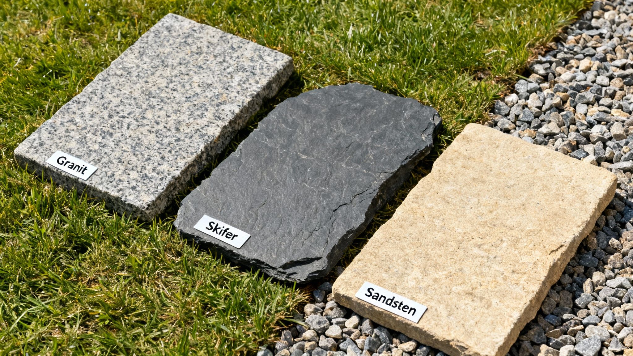 Tre forskellige natursten, granit, skifer og sandsten, vist på græs og grus til haveinspiration.